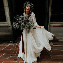 Load image into Gallery viewer, Boho Beach Bride Wedding Dress Two Pieces Features 3/4 Length Sleeves Made With Chiffon And Lace