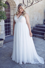 Load image into Gallery viewer, Chiffon Applique Lace Plus Size Beach Bridal Dress Corset Back Gown With Court Train - A Thrifty Bride Shop