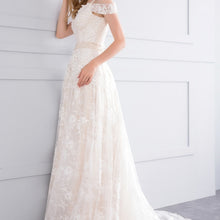 Load image into Gallery viewer, Fabulous A-Line Champagne Wedding Dress Features Court Train  Appliques Lace And Beading