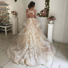 Load image into Gallery viewer, Champagne Floral Lace Wedding Dress Sexy Backless Ruffles Puffy Skirt Perfect For A Beach Wedding - A Thrifty Bride Shop