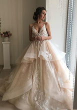 Load image into Gallery viewer, Champagne Floral Lace Wedding Dress Sexy Backless Ruffles Puffy Skirt Perfect For A Beach Wedding - A Thrifty Bride Shop