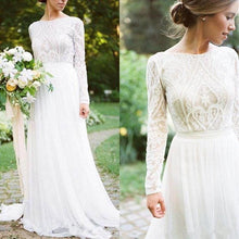 Load image into Gallery viewer, Sophisticated Bohemian Lace Long Sleeve White Chiffon A Line Wedding Gown - A Thrifty Bride Shop