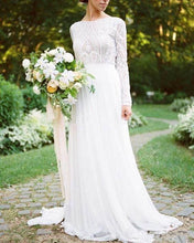 Load image into Gallery viewer, Sophisticated Bohemian Lace Long Sleeve White Chiffon A Line Wedding Gown - A Thrifty Bride Shop