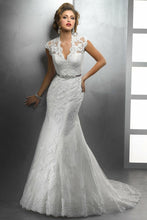 Load image into Gallery viewer, Romantic Style Deep V-neck Rhinestone Sashes Lace Covered Back Mermaid Wedding Dress 2019 New Fall Winter Gown - A Thrifty Bride Shop