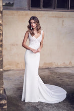 Load image into Gallery viewer, Stunning Fall Sexy V Neckline Wedding Gown Sheath Cut Trumpet Skirt Lace Appliques Made In Chiffon - A Thrifty Bride Shop