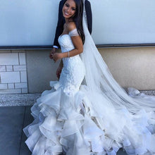 Load image into Gallery viewer, Luxurious Beaded Lace Bodice Ruffled Skirt Country Mermaid Wedding Dress With Chapel Train - A Thrifty Bride Shop