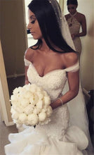 Load image into Gallery viewer, Luxurious Beaded Lace Bodice Ruffled Skirt Country Mermaid Wedding Dress With Chapel Train - A Thrifty Bride Shop