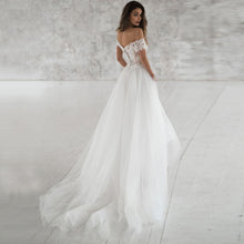 Load image into Gallery viewer, The Sales Rack-Elegant Off-Shoulder Bohemian Bridal Dress Custom Made With Soft Tulle Skirt And A-line Bodice - A Thrifty Bride Shop