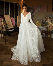 Load image into Gallery viewer, White Tulle A Line Wedding Dress Sexy Deep V Neck Long Sleeves Stunning Back - A Thrifty Bride Shop