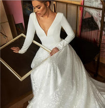 Load image into Gallery viewer, White Tulle A Line Wedding Dress Sexy Deep V Neck Long Sleeves Stunning Back - A Thrifty Bride Shop