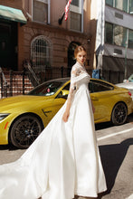 Load image into Gallery viewer, Modern High Neck Satin Wedding Dress Elegant Lace Appliques Button Illusion Back Long Sleeve And Chapel Train - A Thrifty Bride Shop