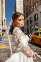 Load image into Gallery viewer, Modern High Neck Satin Wedding Dress Elegant Lace Appliques Button Illusion Back Long Sleeve And Chapel Train - A Thrifty Bride Shop