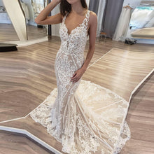 Load image into Gallery viewer, Modest Lace Mermaid Wedding Dress With Illusion Back Sexy Handmade Appliques - A Thrifty Bride Shop