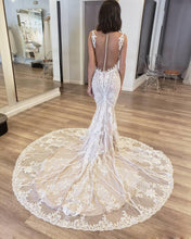 Load image into Gallery viewer, Modest Lace Mermaid Wedding Dress With Illusion Back Sexy Handmade Appliques - A Thrifty Bride Shop