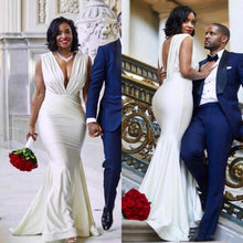 Load image into Gallery viewer, Designer Mermaid Wedding Dress Backless Deep V Neck Floor Length With Court Train - A Thrifty Bride Shop