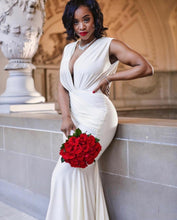 Load image into Gallery viewer, Designer Mermaid Wedding Dress Backless Deep V Neck Floor Length With Court Train - A Thrifty Bride Shop