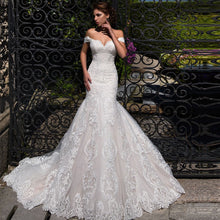 Load image into Gallery viewer, Stunning Off Shoulder Mermaid Wedding Dress With Lace Up Back And Appliqued Tulle Skirt - A Thrifty Bride Shop