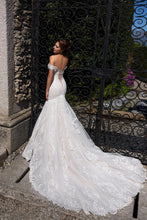 Load image into Gallery viewer, Stunning Off Shoulder Mermaid Wedding Dress With Lace Up Back And Appliqued Tulle Skirt - A Thrifty Bride Shop