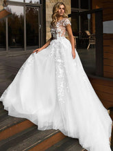 Load image into Gallery viewer, Princess Wedding Dress Cap Sleeve 3D Flowers Boho Bride Backless Bodice  Floor Length Sweep Train - A Thrifty Bride Shop