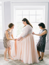 Load image into Gallery viewer, Pretty Lace Top Blush Pink Tulle Wedding Dress Plus Size Long Sleeve V Neck A Line Floor Length - A Thrifty Bride Shop
