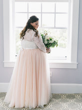 Load image into Gallery viewer, Pretty Lace Top Blush Pink Tulle Wedding Dress Plus Size Long Sleeve V Neck A Line Floor Length - A Thrifty Bride Shop