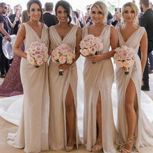Load image into Gallery viewer, Ivory Bridesmaid Dress V Neck Pleats And Draped Side Slit Made With Chiffon - A Thrifty Bride Shop