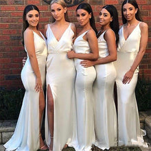 Load image into Gallery viewer, Sexy V-Neck Spaghetti Strap Ivory Long Mermaid Bridesmaid Dress Split Side Floor Length - A Thrifty Bride Shop