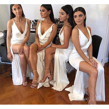 Load image into Gallery viewer, Sexy V-Neck Spaghetti Strap Ivory Long Mermaid Bridesmaid Dress Split Side Floor Length - A Thrifty Bride Shop