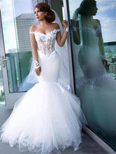 Load image into Gallery viewer, Sexy Off The Shoulder Mermaid Wedding Dress Long Sleeves Custom Made - A Thrifty Bride Shop