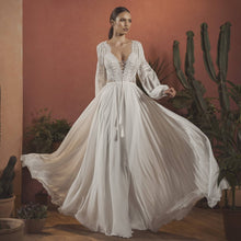 Load image into Gallery viewer, 2020 Long Sleeve Bohemian Backless V Neck Lace Appliqued Chiffon Wedding Dress - A Thrifty Bride Shop