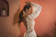Load image into Gallery viewer, 2020 Long Sleeve Bohemian Backless V Neck Lace Appliqued Chiffon Wedding Dress - A Thrifty Bride Shop