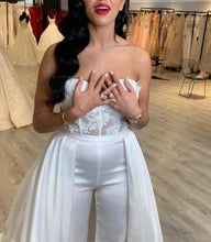 Load image into Gallery viewer, Wedding Jumpsuit/Pant Suits With Removable Skirt Long Train Applique Lace Bodice