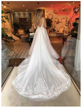 Load image into Gallery viewer, Sexy Illusion  Wedding Dress With  Long Train Deep V Neck And Low Back Lots Of Appliques