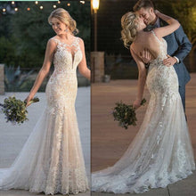Load image into Gallery viewer, Illusion Opening with Lace Appliques Mermaid Wedding Dress Is Sure To Melt Hearts