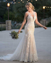 Load image into Gallery viewer, Illusion Opening with Lace Appliques Mermaid Wedding Dress Is Sure To Melt Hearts