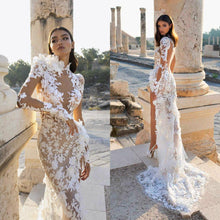 Load image into Gallery viewer, Beautifully Elaborated Sheer Long Sleeves And High Collar Illusion Lace Applique Wedding Dress With High Side Slit
