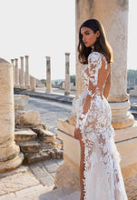 Load image into Gallery viewer, Beautifully Elaborated Sheer Long Sleeves And High Collar Illusion Lace Applique Wedding Dress With High Side Slit