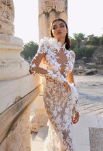 Load image into Gallery viewer, Beautifully Elaborated Sheer Long Sleeves And High Collar Illusion Lace Applique Wedding Dress With High Side Slit