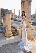 Load image into Gallery viewer, Beautifully Elaborated Sheer Long Sleeves And High Collar Illusion Lace Applique Wedding Dress With High Side Slit