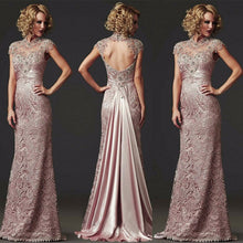 Load image into Gallery viewer, Formal Backless Mother Of The Bride Dress Mermaid Style High Collar With Cap Sleeves And Lace Embellished Beading