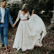 Load image into Gallery viewer, Boho Beach Bride Wedding Dress Two Pieces Features 3/4 Length Sleeves Made With Chiffon And Lace