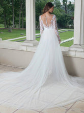 Load image into Gallery viewer, Alternative Bride White Jumpsuit Wedding Dress With Detachable Train Long Sleeves And Lace Applique