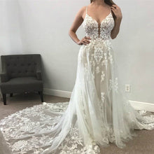 Load image into Gallery viewer, Bohemian Beach A Line Wedding Dress Beautiful Tulle Skirt Backless Lace Appliqued &amp; Plunging Bodice