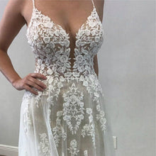 Load image into Gallery viewer, Bohemian Beach A Line Wedding Dress Beautiful Tulle Skirt Backless Lace Appliqued &amp; Plunging Bodice