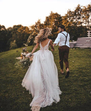 Load image into Gallery viewer, Sexy Deep V Neck Lace Beading Beach Wedding Dress Feature Sweep Train And Soft Tulle Skirt