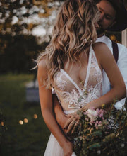 Load image into Gallery viewer, Sexy Deep V Neck Lace Beading Beach Wedding Dress Feature Sweep Train And Soft Tulle Skirt