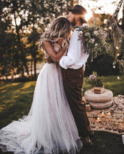 Load image into Gallery viewer, Sexy Deep V Neck Lace Beading Beach Wedding Dress Feature Sweep Train And Soft Tulle Skirt