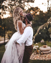 Load image into Gallery viewer, Sexy Deep V Neck Lace Beading Beach Wedding Dress Feature Sweep Train And Soft Tulle Skirt