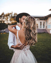 Load image into Gallery viewer, Sexy Deep V Neck Lace Beading Beach Wedding Dress Feature Sweep Train And Soft Tulle Skirt