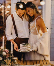 Load image into Gallery viewer, Sexy Deep V Neck Lace Beading Beach Wedding Dress Feature Sweep Train And Soft Tulle Skirt